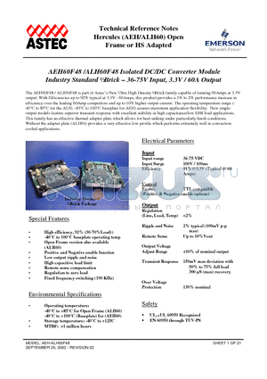 AEH60G48 datasheet - Industry Standard Brick - 36-75V Input, 3.3V / 60A Output