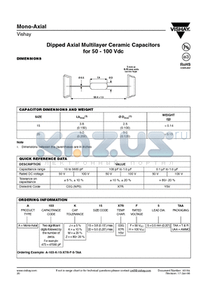 A-103-J-15-C0G-F-5-TAA datasheet - Dipped Axial Multilayer Ceramic Capacitors for 50 - 100 Vdc