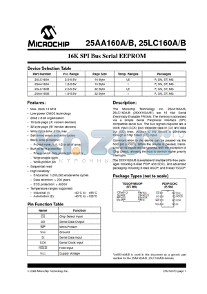 25LC160B-E/SNG datasheet - 16K SPI Bus Serial EEPROM
