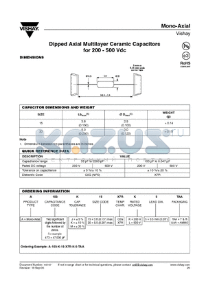 A-103-J-15-C0G-K-5-UAA datasheet - Dipped Axial Multilayer Ceramic Capacitors for 200 - 500 Vdc