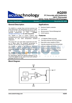 AQ200 datasheet - 3jC Accurate with Hysteresis 120jC Thermostat SOT23, TO-92, PSOT23-6, SC70 Packages