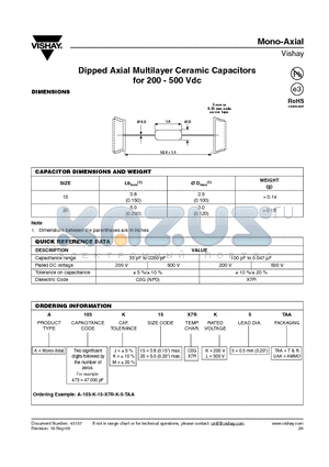 A-103-J-20-C0G-K-5-TAA datasheet - Dipped Axial Multilayer Ceramic Capacitors for 200 - 500 Vdc