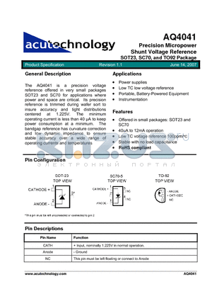 AQ4041EZ-M3-12-TRL datasheet - Precision Micropower Shunt Voltage Reference SOT23, SC70, and TO92 Package