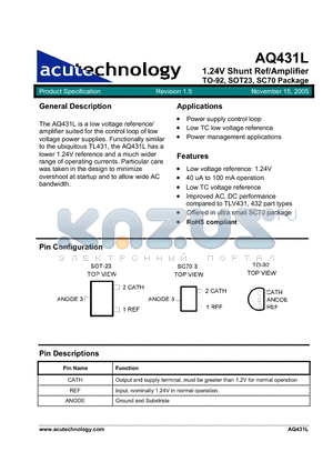 AQ431LBY-C3-12-TRL datasheet - 1.24V Shunt Ref/Amplifier TO-92, SOT23, SC70 Package