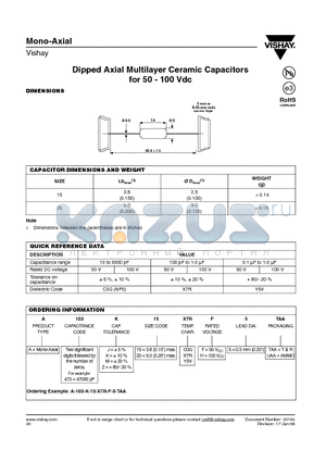 A-103-K-15-C0G-H-5-TAA datasheet - Dipped Axial Multilayer Ceramic Capacitors for 50 - 100 Vdc