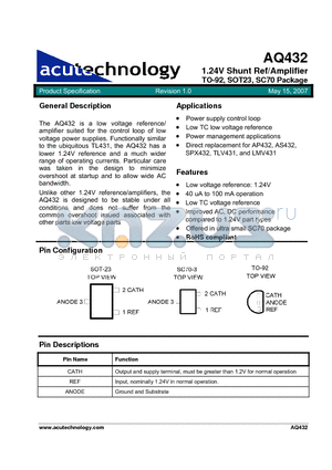 AQ432BY-N3-12-TRL datasheet - 1.24V Shunt Ref/Amplifier TO-92, SOT23, SC70 Package
