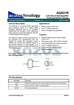 AQ431REX-N3-25-TRL datasheet - 2.5V Shunt Ref/Amplifier TO-92 and SOT23 Package
