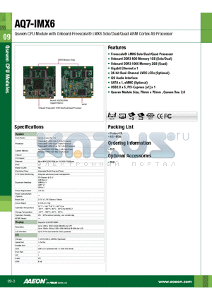 AQ7-IMX6 datasheet - Qseven CPU Module with Onboard Freescale^ i.MX6 Solo/Dual/Quad ARM Cortex A9 Processor