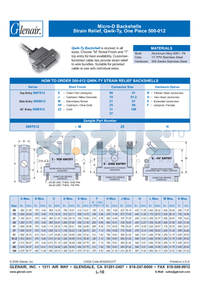 500E012-M37F datasheet - Micro-D Backshells Strain Relief, Qwik-Ty, One Piece