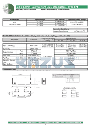 AEL671 datasheet - 5.0 x 3.2mm Low Current SMD Oscillators - Type 671