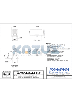 A-2004-0-4-LP-R datasheet - VERY LOW PROFILE SIDE ENTRY PCB JACK