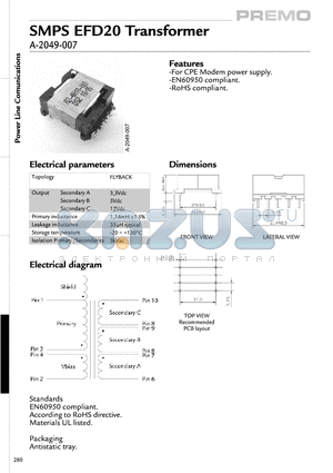 A-2049-007 datasheet - SMPS EFD20 Transformer