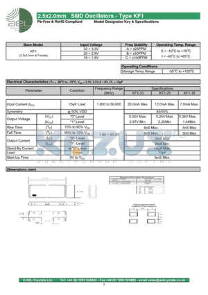 AELKF133BI datasheet - 2.5x2.0mm SMD Oscillators - Type KF1