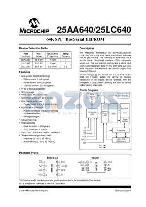 25LC640-I/P datasheet - 64K SPI Bus Serial EEPROM