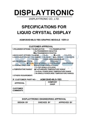 AQM1264D-MLG-YBS datasheet - SPECIFICATIONS FOR LIQUID CRYSTAL DISPLAY