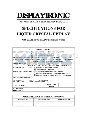 AQM1364A-MLB-FTW datasheet - SPECIFICATIONS FOR LIQUID CRYSTAL DISPLAY