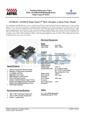 AEO10Y48 datasheet - AEO40x48 / ALO40x48 Single Output 8th Brick: Baseplate or Open-Frame Module