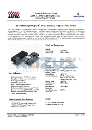 AEO12A48N-6 datasheet - AEO/ALO Single Output 8th Brick: Baseplate or Open-Frame Module