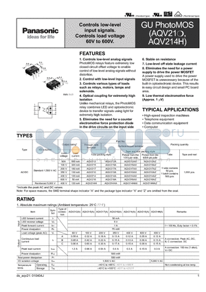 AQV210AX datasheet - Controls low-level input signals. Controls load voltage 60V to 600V.