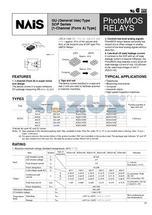 AQV212SZ datasheet - GU (General Use) Type SOP Series [1-Channel (Form A) Type]