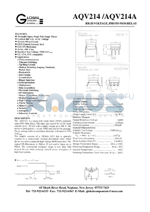 AQV214A datasheet - HIGH VOLTAGE, PHOTO MOS RELAY