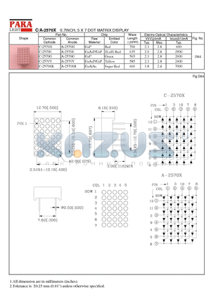 A-2570Y datasheet - C/A-2570X 0.7INCH, 5 X 7 DOT MATRIX DISPLAY