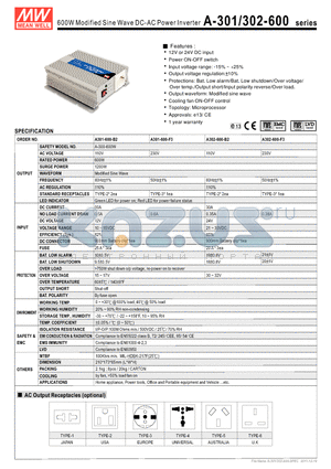 A-301-600 datasheet - 600W MODIFIED SINE WAVE DC-AC POWER INCERTER