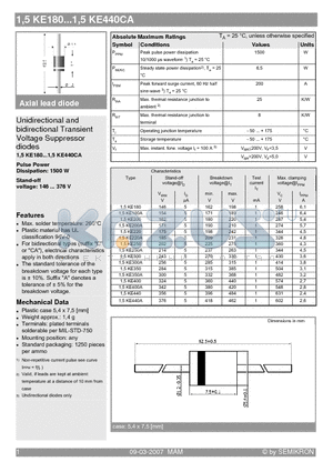 1KE180 datasheet - Unidirectional and bidirectional Transient Voltage Suppressor diodes