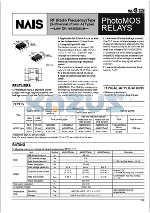 AQW224NAX datasheet - RF (Radio Frequency) Type [2-Channel (Form A) Type] - Low On resistance-