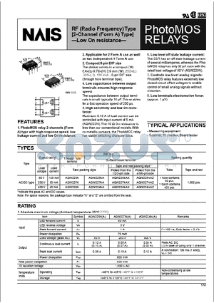 AQW227N datasheet - RF (Radio Frequency) Type [2-Channel (Form A) Type] - Low On resistance-