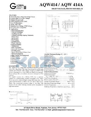 AQW414A datasheet - HIGH VOLTAGE, PHOTO MOS RELAY