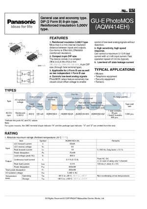 AQW414EH datasheet - General use and economy type. DIP (2 Form B) 8-pin type. Reinforced insulation 5,000V type.