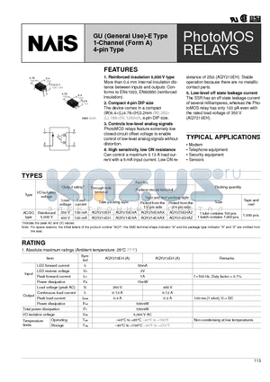 AQY214EHAZ datasheet - GU (General Use)-E Type 1-Channel (Form A) 4-pin Type