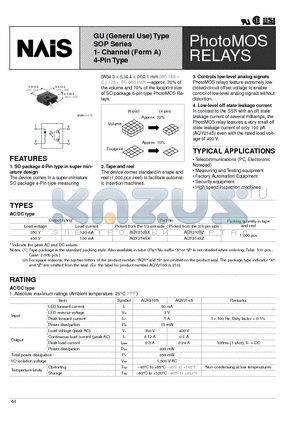 AQY214SZ datasheet - GU (General Use) Type SOP Series 1- Channel (Form A) 4-Pin Type