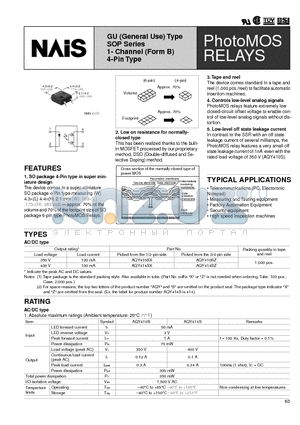 AQY414SX datasheet - GU (General Use) Type SOP Series 1- Channel (Form B) 4-Pin Type