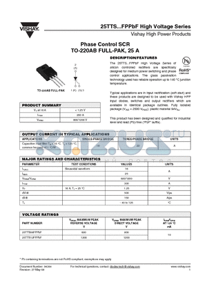 25TTS08FPPBF datasheet - Phase Control SCR TO-220AB FULL-PAK, 25 A