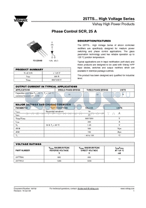 25TTS08PBF datasheet - Phase Control SCR, 25 A