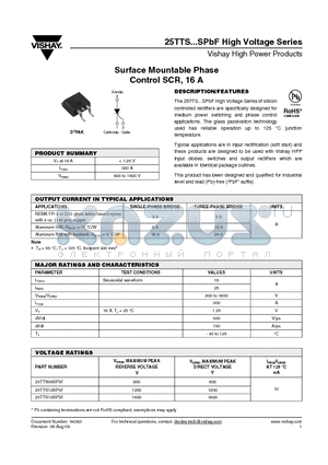 25TTS08PBF datasheet - Surface Mountable Phase Control SCR, 16 A