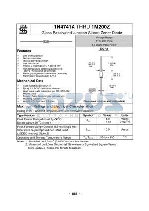 1M200Z datasheet - Glass Passivated Junction Silicon Zener Diode