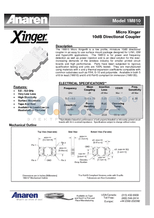 1M810 datasheet - Micro Xinger 10dB Directional Coupler