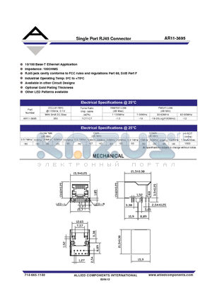 AR11-3695 datasheet - Single Port RJ45 Connector