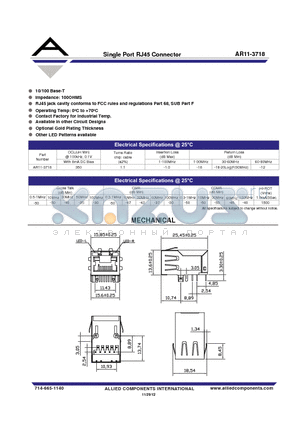 AR11-3718 datasheet - Single Port RJ45 Connector