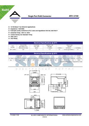 AR11-3749I datasheet - Single Port RJ45 Connector