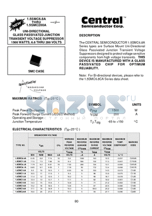 1.5SMC100A datasheet - UNI-DIRECTIONAL GLASS PASSIVATED JUNCTION TRANSIENT VOLTAGE SUPPRESSOR 1500 WATTS, 6.8 THRU 200 VOLTS