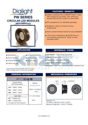 AR111-LV-WW-WD datasheet - CIRCULAR LED MODULES