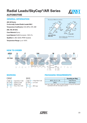 AR215F104M4R datasheet - Radial Leads/SkyCap^/AR Series