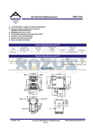 AR21-3703 datasheet - 2X1 Dual Port RJ45 Connector