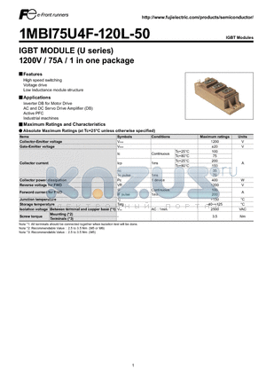 1MBI75U4F-120L-50 datasheet - IGBT MODULE (U series) 1200V / 75A / 1 in one package