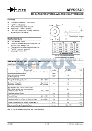 AR2540 datasheet - 40A GLASS PASSIVATED AVALANCHE BUTTON DIODE