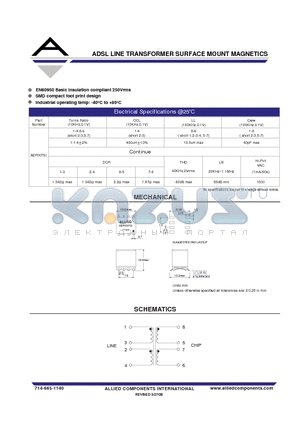 AEP007SI datasheet - ADSL LINE TRANSFORMER SURFACE MOUNT MAGNETICS